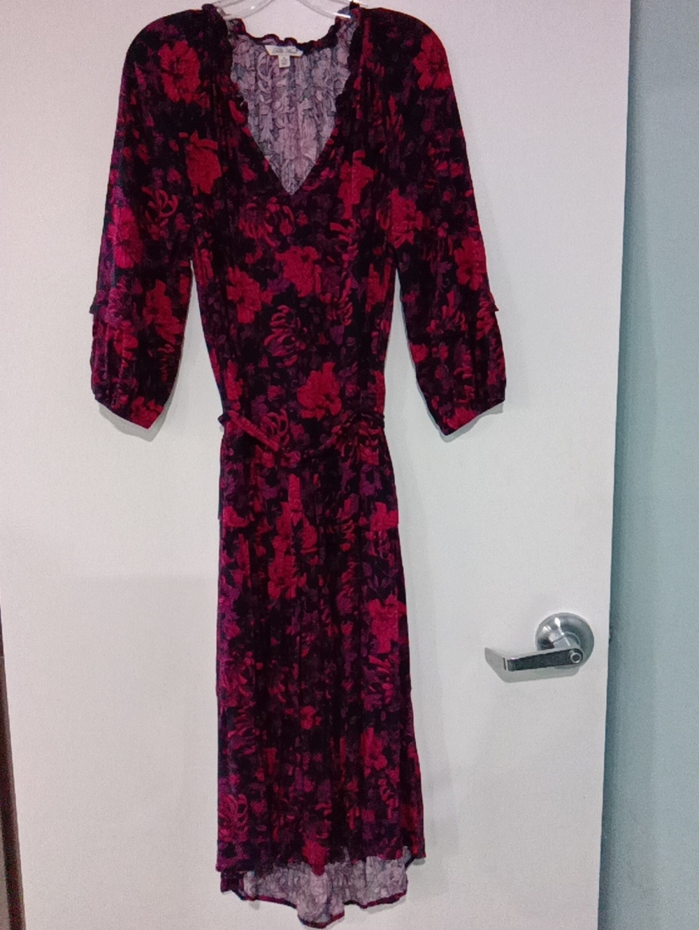 The Pioneer Woman Black Midi Dress with Deep Red Floral Print